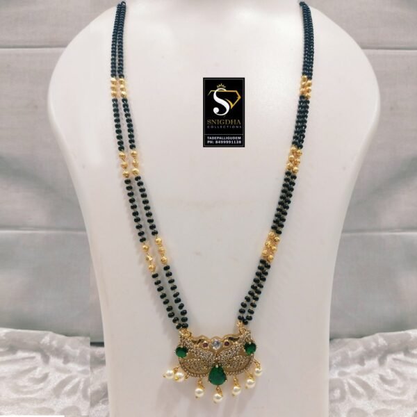 Peacock model green& white stone's long black beads