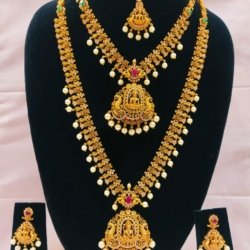 Mat finish Lakshmi Devi long& short haram set
