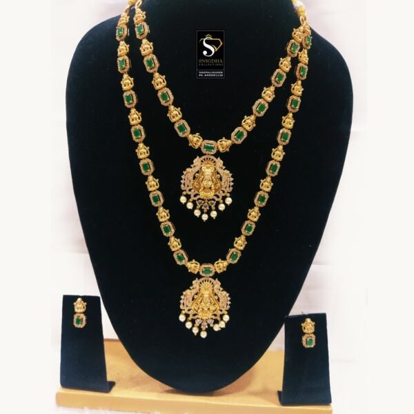 Green stones Lakshmi Devi long& short haram set