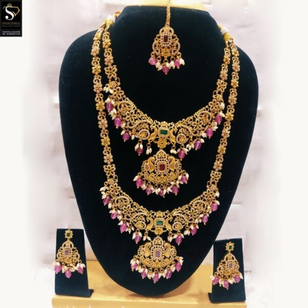 Mat finish pink& white beads long& short haram set